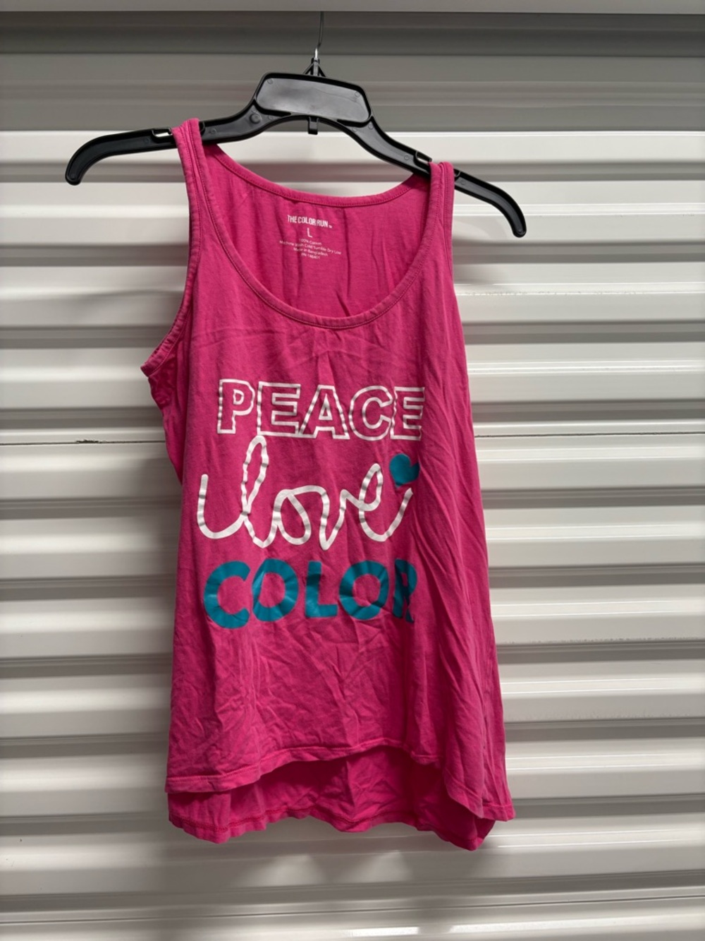 The Color Run Pink Peace Love Graphic Print Knit Cotton Tank Top Scoop Neck L
